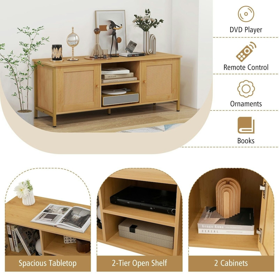 image 1 of COSTWAY Boho TV Stand for 55 Inches Entertainment Center Natural Gold
