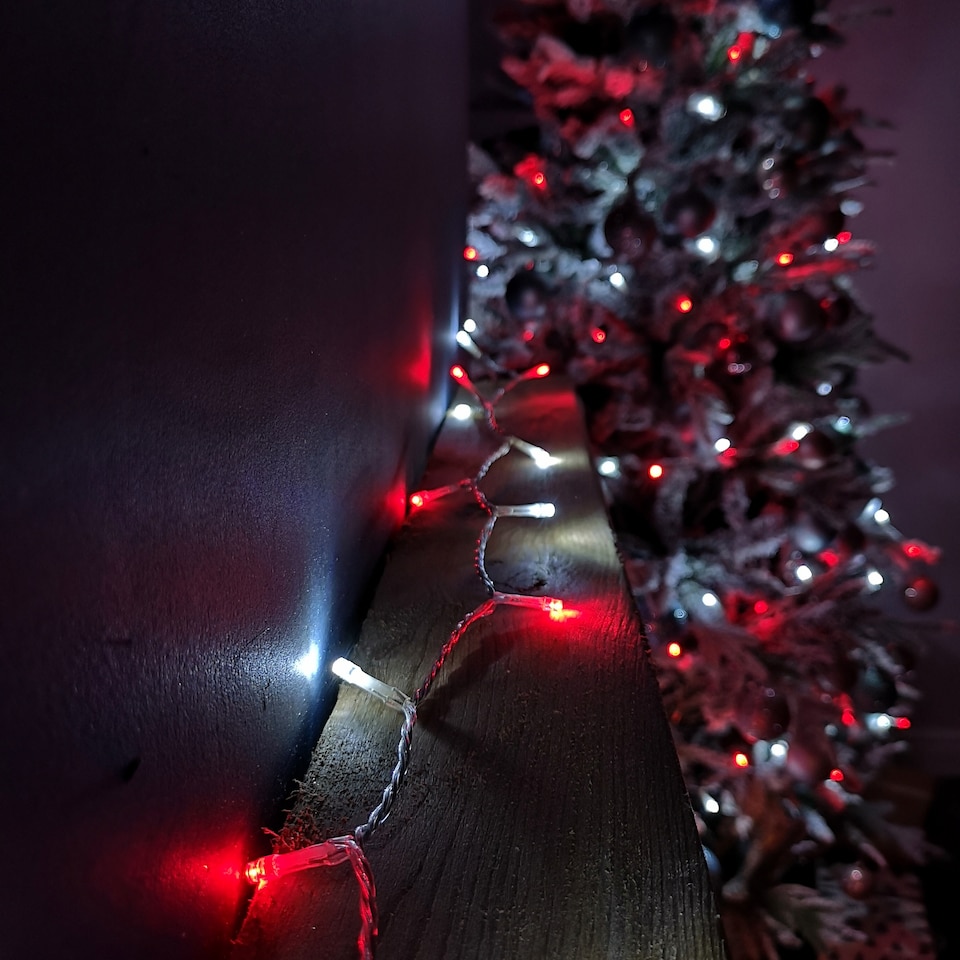 image 1 of 200 LED 16m Christmas Outdoor Function Lights Timer Clear Cable in Red & White