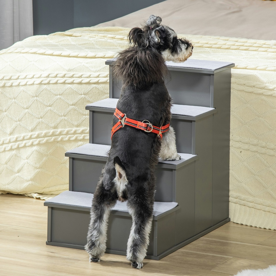 image 1 of PawHut 4 Step Wooden Dog Steps Pet Stairs Cat Ladder for Bed Couch, Grey