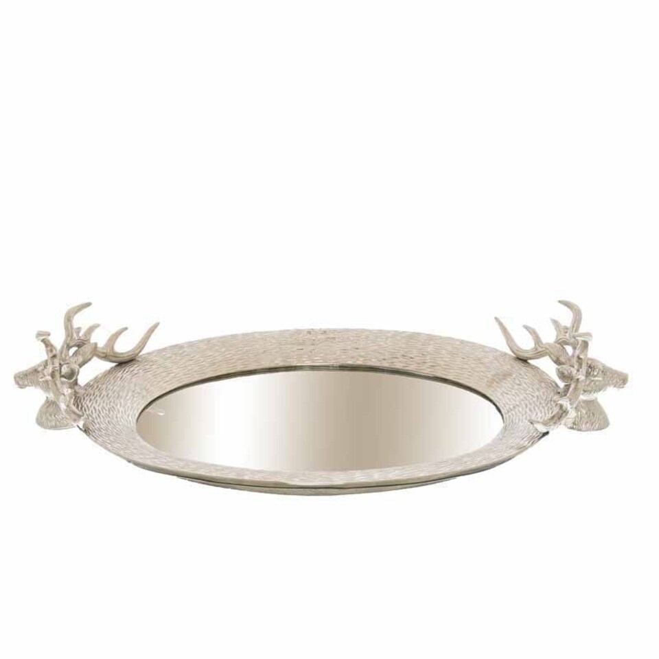 image 1 of Large Mirrored Tray with Stag Heads - Glass/Metal - L35 x W56 x H12 cm - Silver