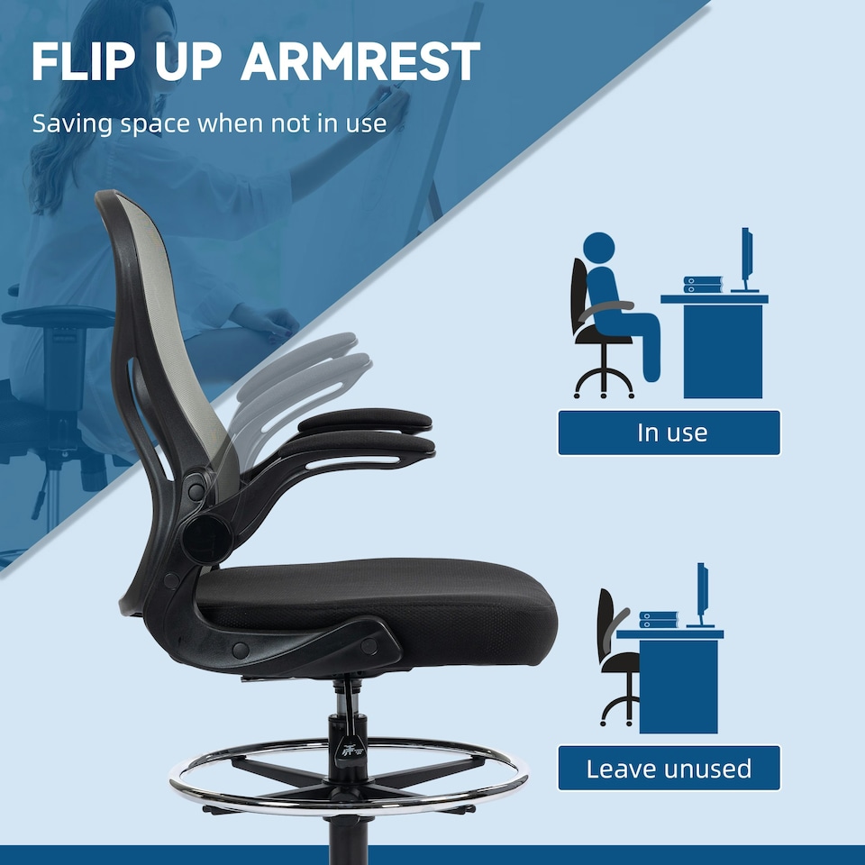 image 1 of Vinsetto Draughtsman Chair Tall Office Chair w/ Adjustable Footrest, Dark Grey
