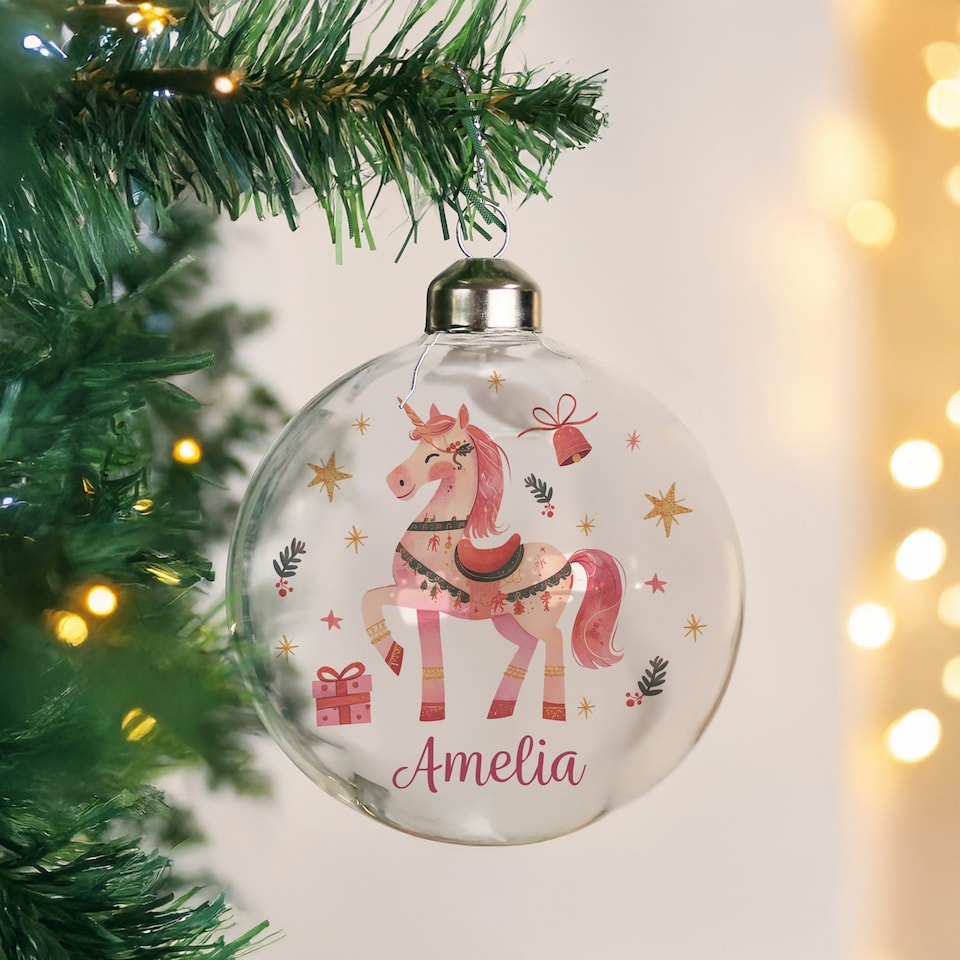 image 1 of Personalised Unicorn Christmas Glass Bauble