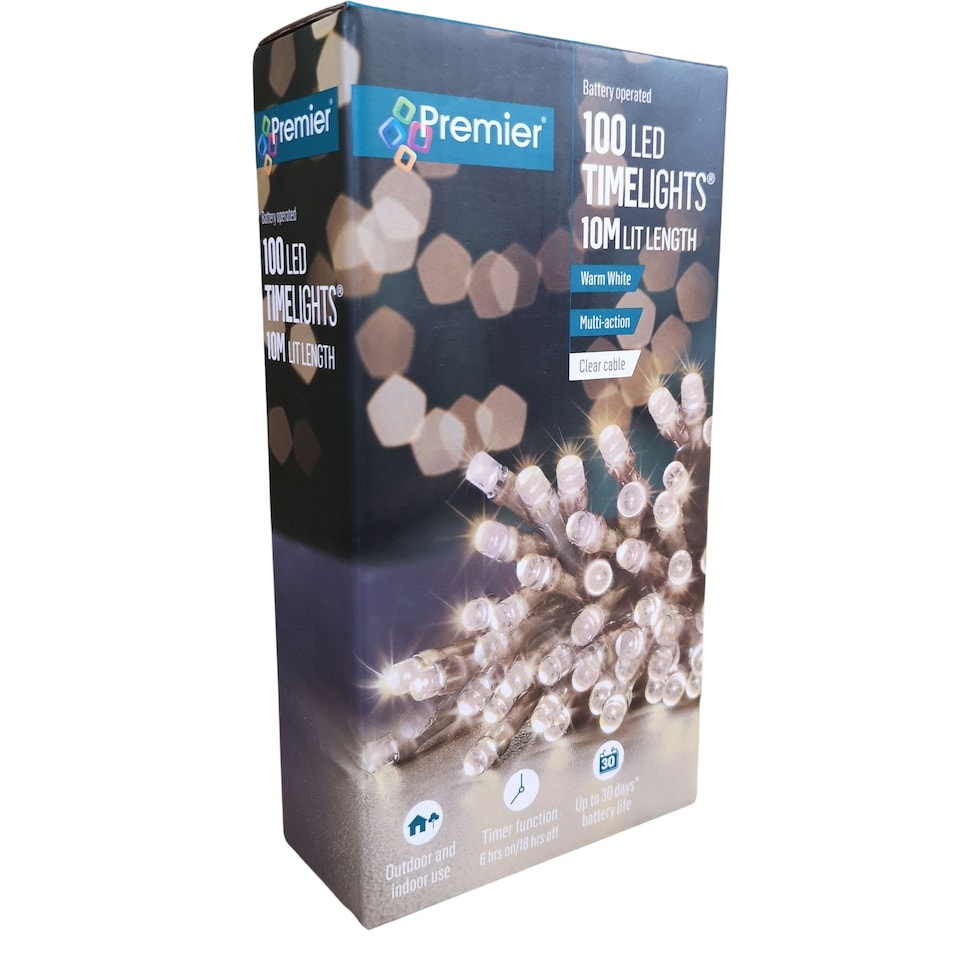 image 1 of 100 LED 10m Premier Christmas Outdoor Multi Function Battery Lights with Timer & Clear Cable in Warm White