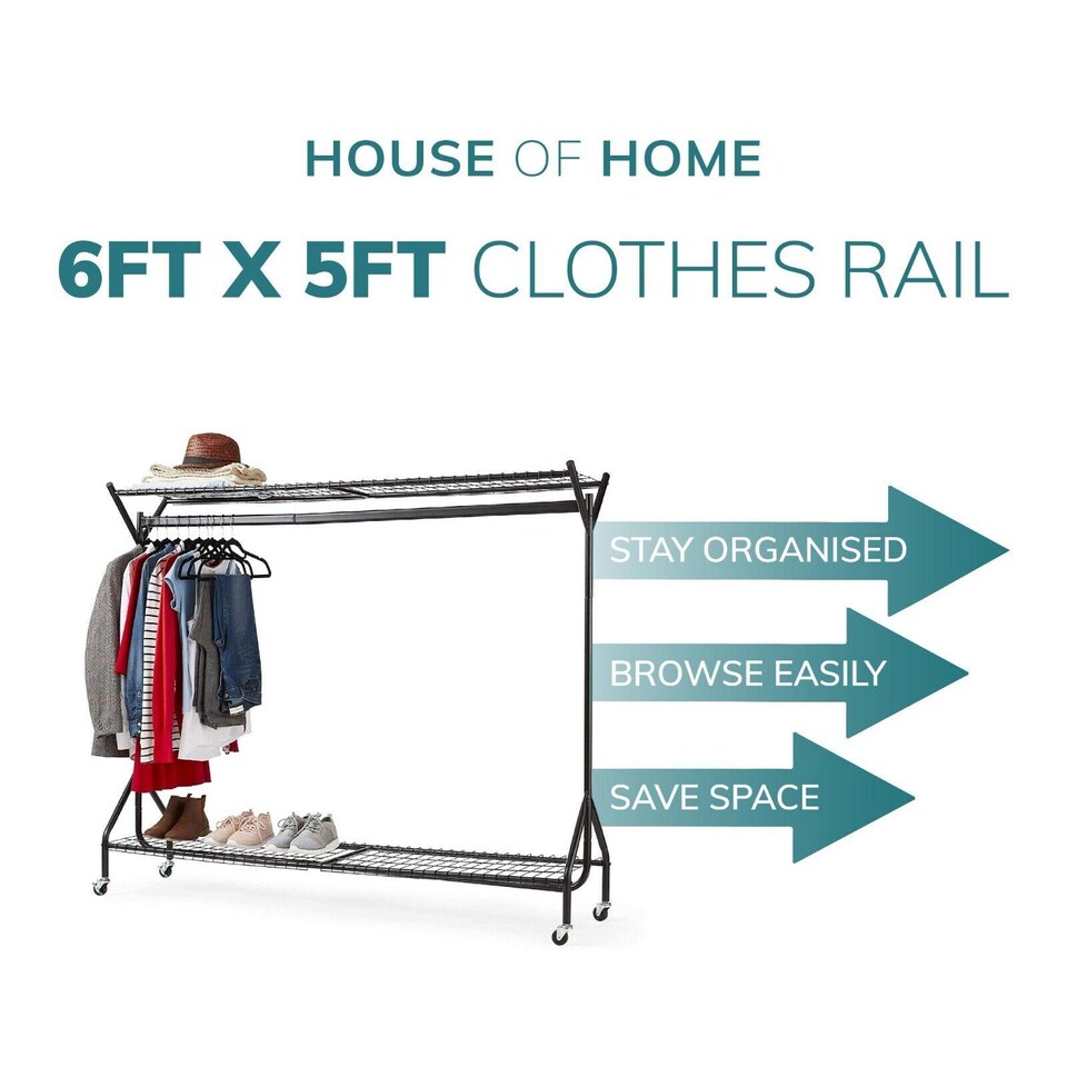 image 1 of House of Home Clothing Rail Heavy Duty Hanging Clothes Shoe Hat Rack Shelves With Wheels 6ft x 5ft | Black
