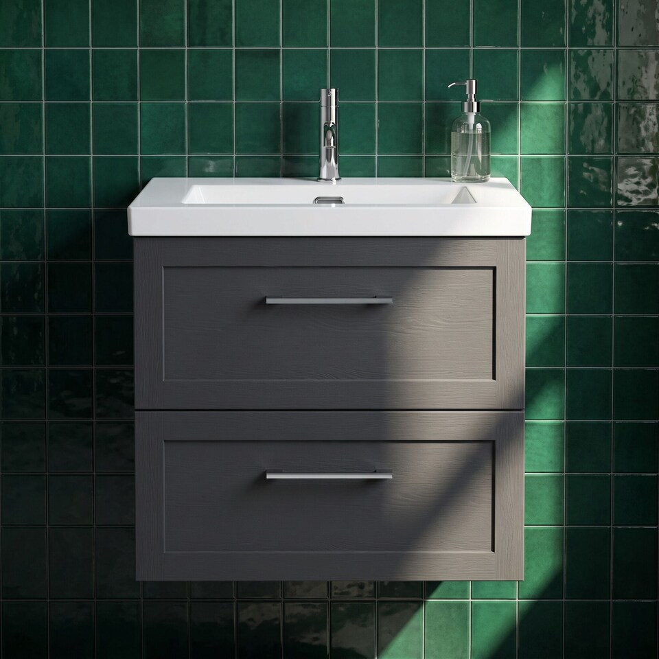 image 1 of Balterley Stonnall Traditional Wall Hung 2 Drawers Vanity Unit with 1 Tap Hole Fireclay Basin, 600mm, Dark Grey
