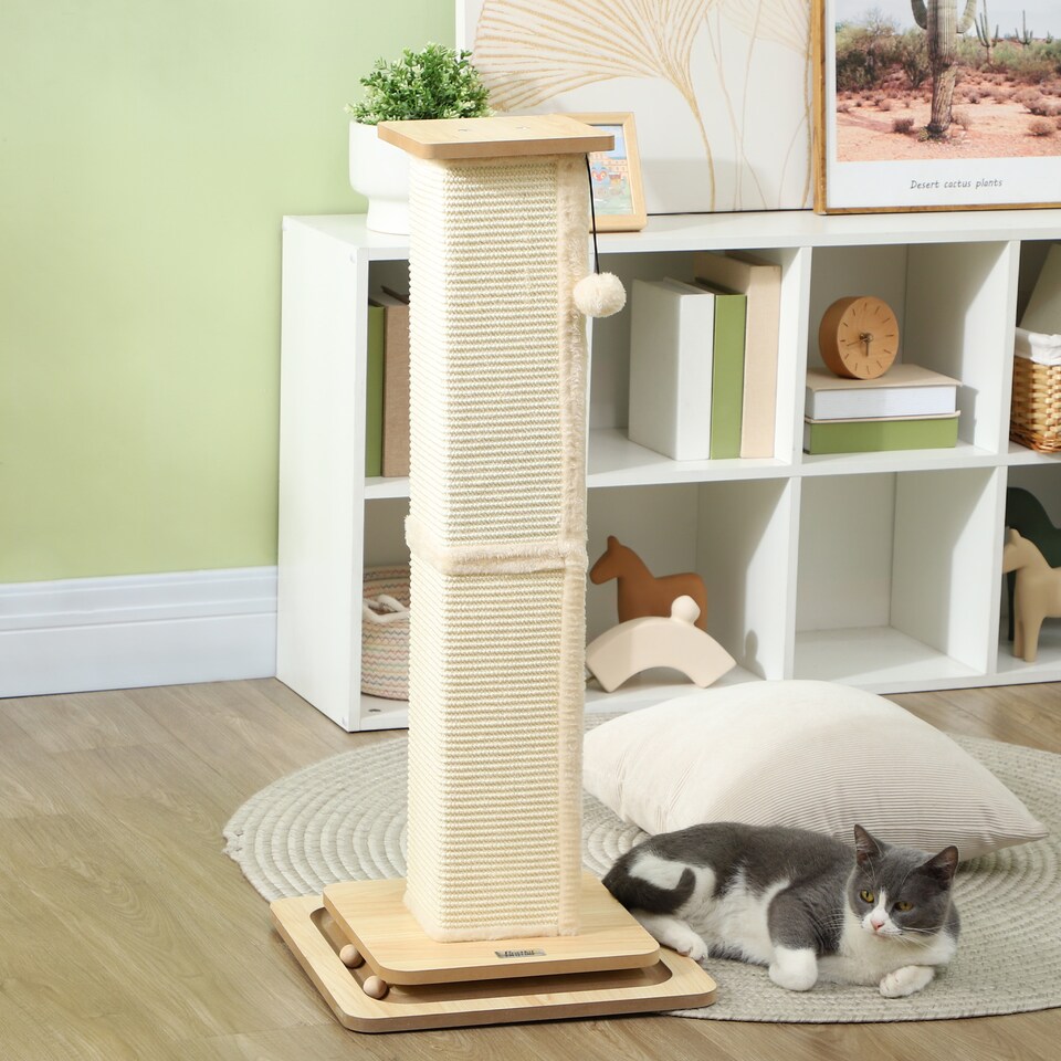 image 1 of PawHut 3-in-1 Cat Scratcher Post with Sisal Track Ball Toy, Light Oak