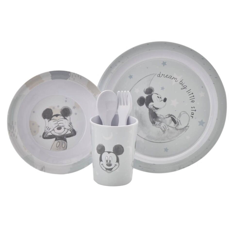 image 1 of Disney Mickey Baby 5 Piece Melamine Feeding Set Cup Bowl Plate Cutlery Blue