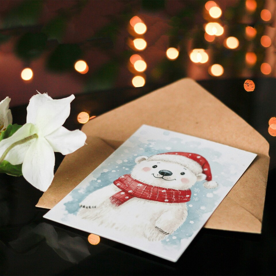 image 1 of Cute Polar Bear With Santa Hat and Scarf For Child Kids Xmas Festive Christmas Card