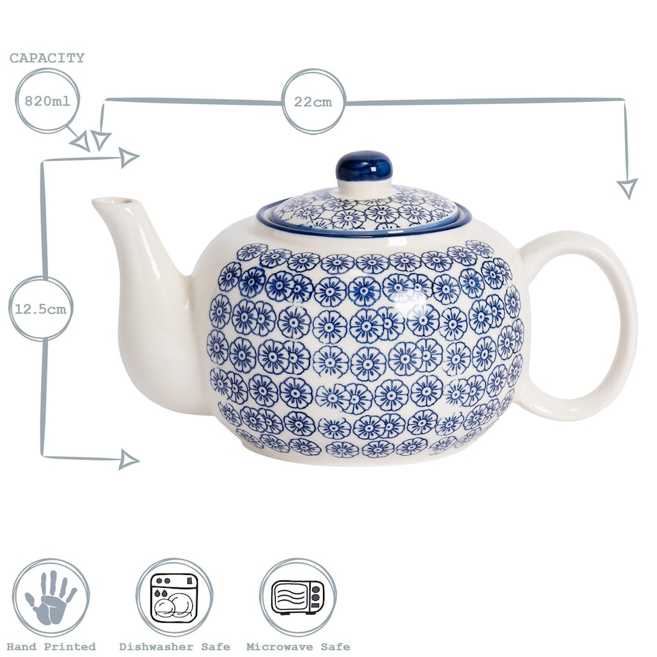 image 1 of Nicola Spring Hand-Printed Teapot - 820ml - Blue