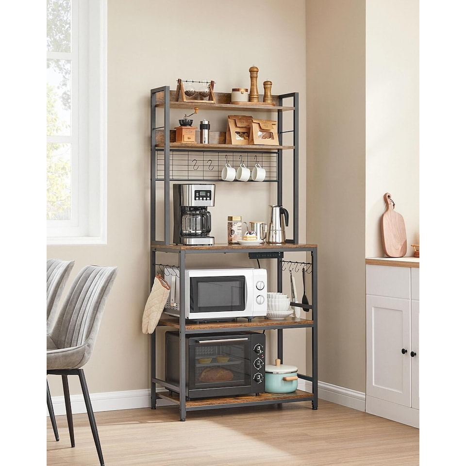 image 1 of Kitchen Storage Rack with Power Outlet, Coffee Station Style Baker’s Rack with Hooks and Panel, Rustic Brown and Ink Black