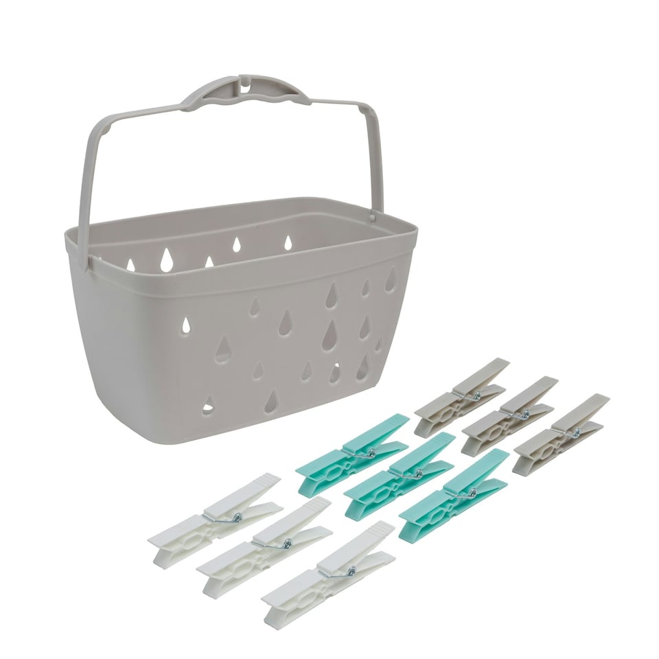 image 1 of JVL Plastic Peg Basket, Grey with 24 Large Strong Plastic Pegs, Aqua