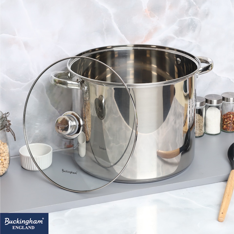 image 1 of Buckingham Deep Stock Pot Stainless Steel with Glass Lid 28 cm , 13.5 Litre