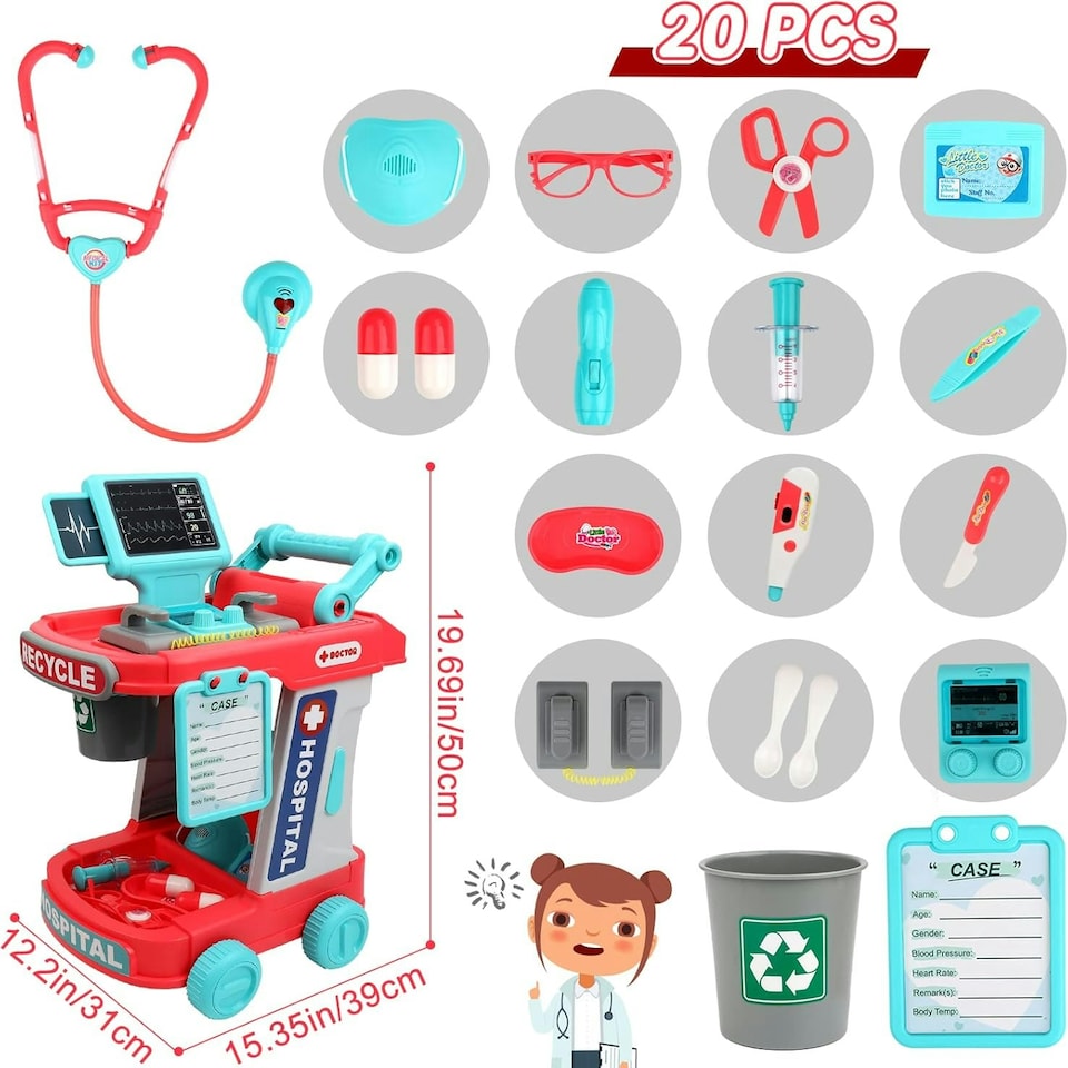 image 1 of Doctor Kit for Kids – 20-Piece Educational Medical Station Trolley Playset with Sounds & Accessories (Coral)