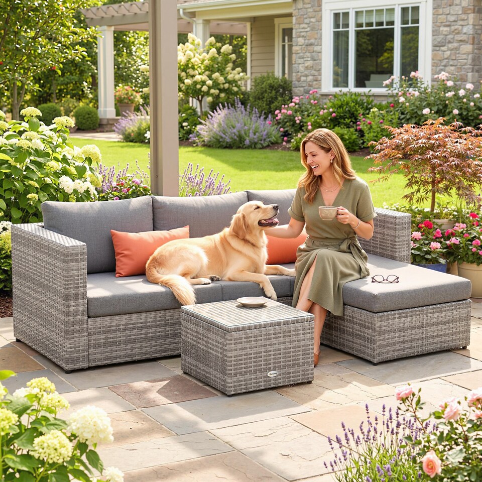 image 1 of Outsunny 3 PCS Outdoor PE Rattan Chaise Lounge Furniture Sofa Set w/ Cushions