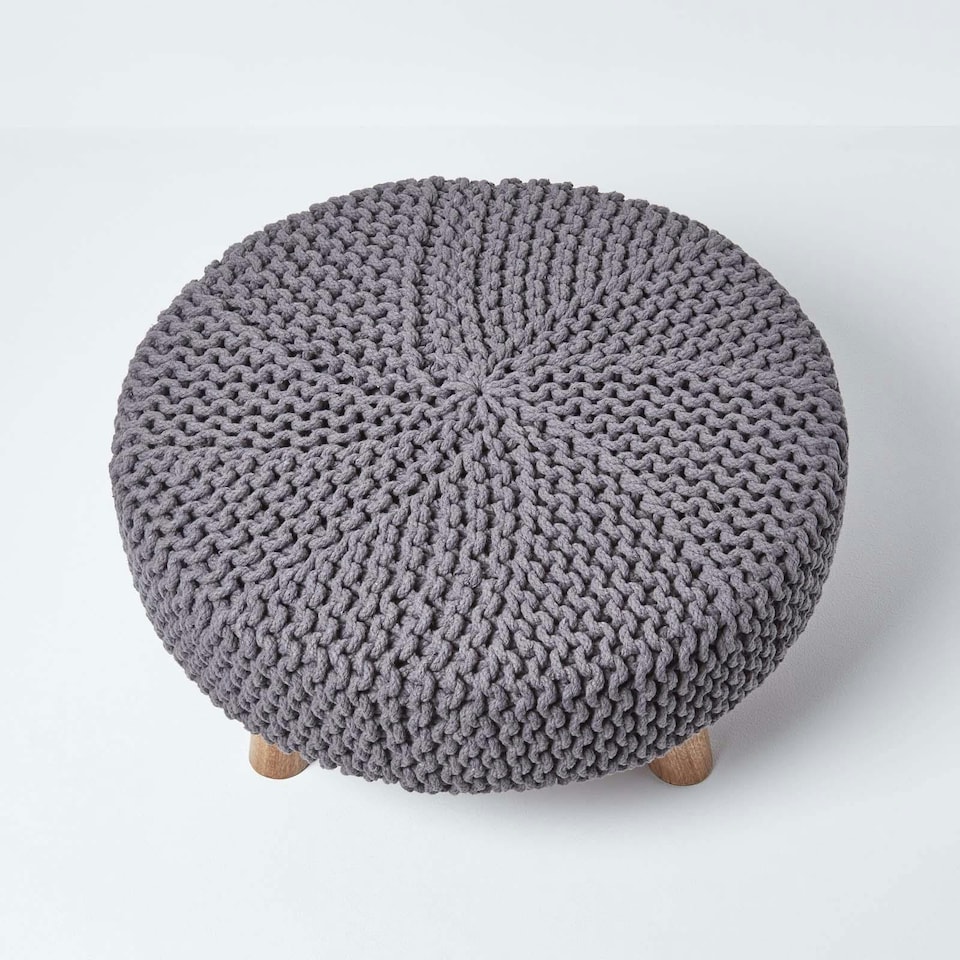 image 1 of Homescapes Sea Grey Large Round Cotton Knitted Footstool on Legs | Grey | 62 x 62 x 30 cm
