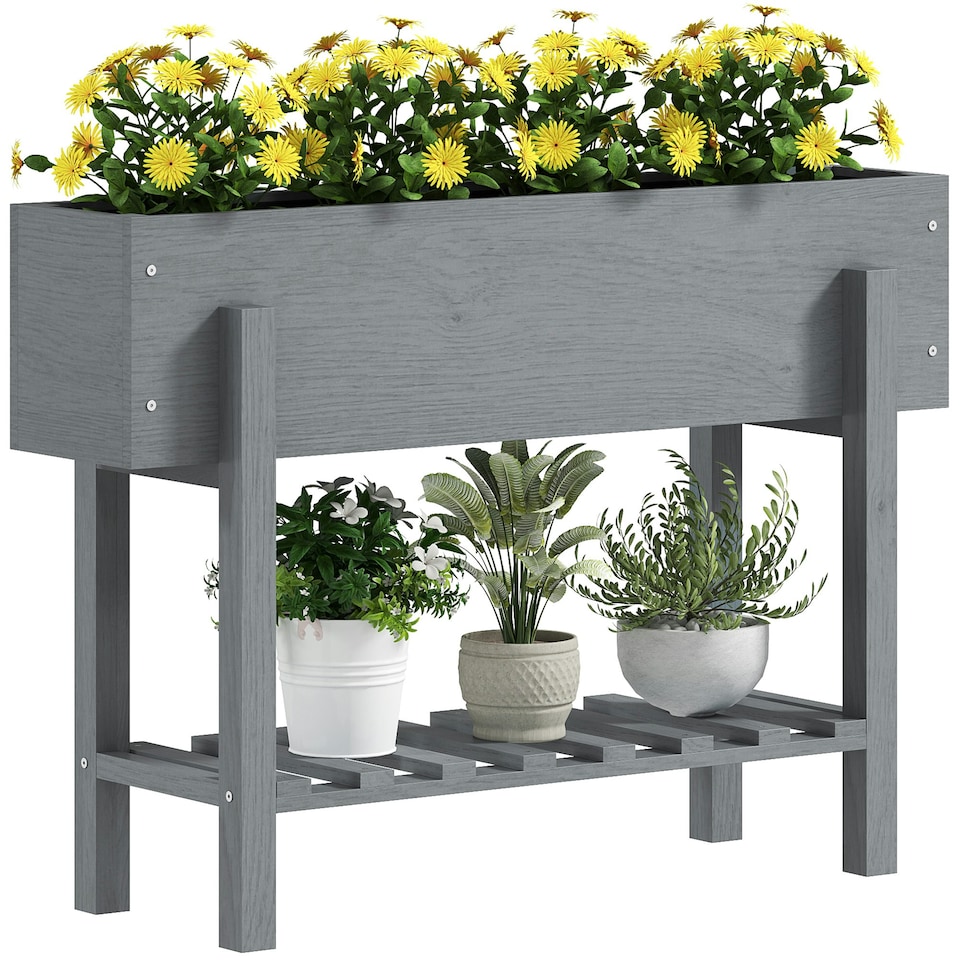 image 1 of Outsunny Wooden Raised Bed w/ Bed Liner, Storage Shelf