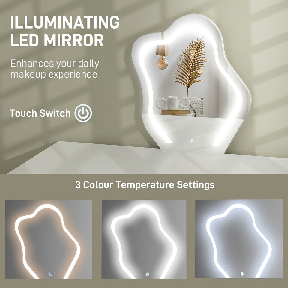 image 1 of HOMCOM Dressing Table with LED Leaf Shape Mirror and 5 Drawers, White White