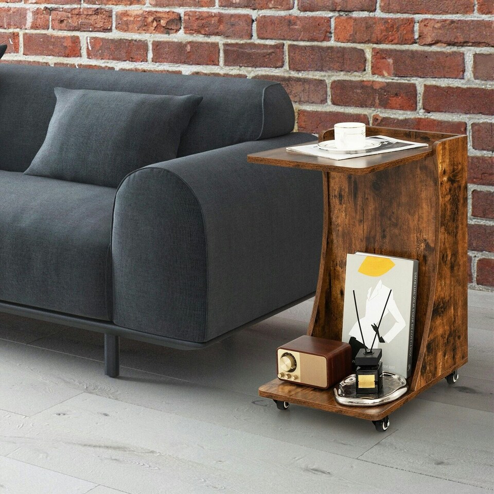 image 1 of COSTWAY C-Shaped End Table Mobile Sofa Side Table Brown