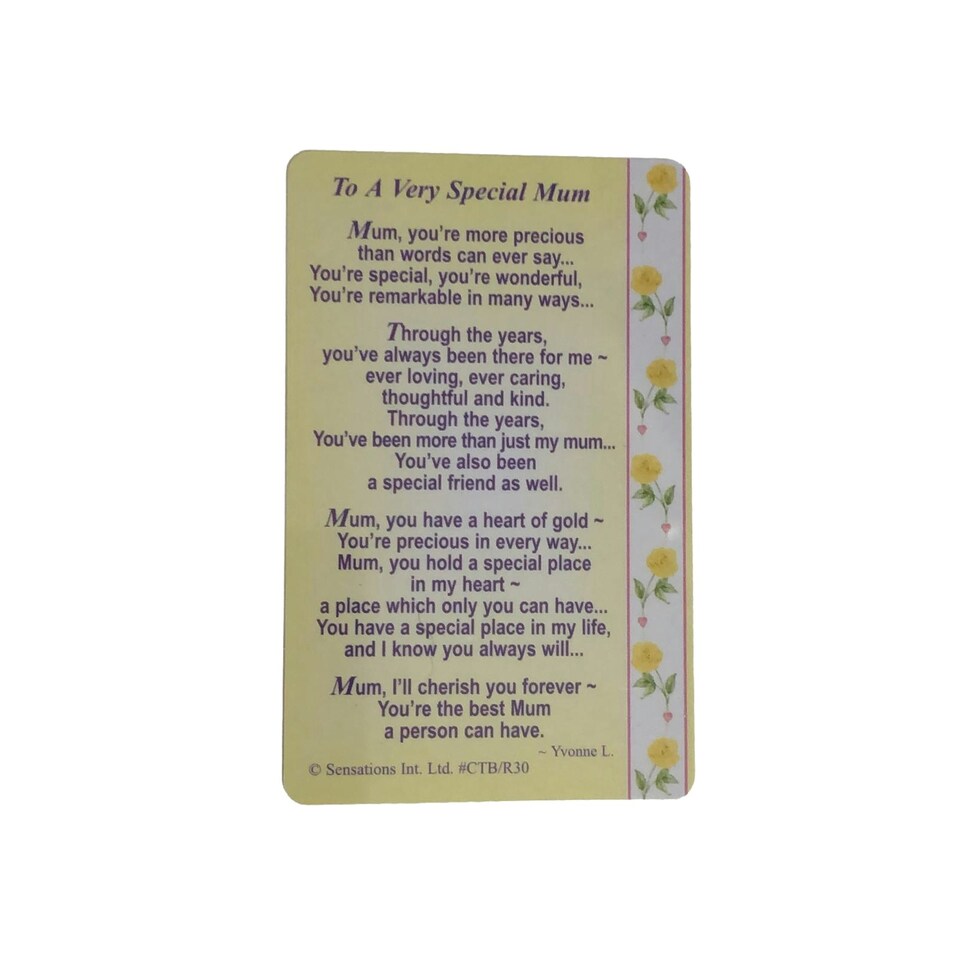 image 1 of To A Very Special Mum....Wallet Card (Sentimental Keepsake Wallet / Purse Card)