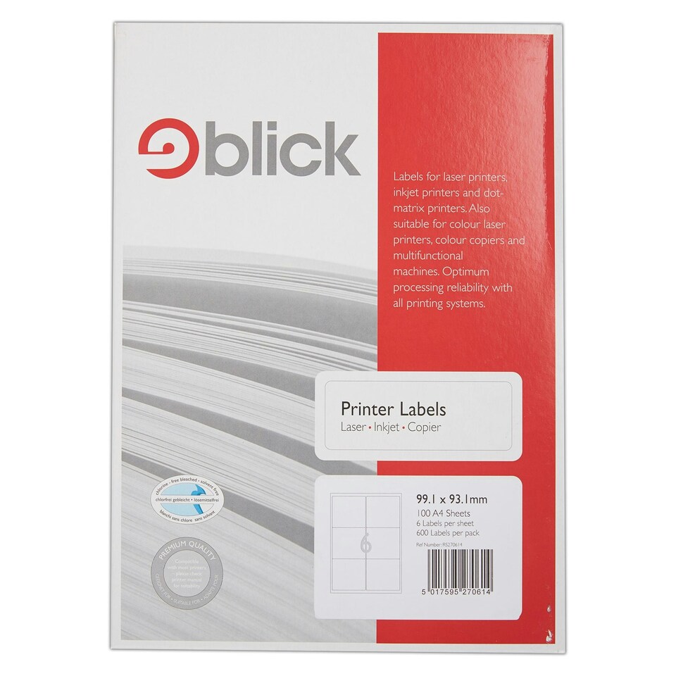 image 1 of Blick 6 Per Sheet 100 Sheets, 99.1mm x 93.1mm, Rectangular, White, 600 Labels