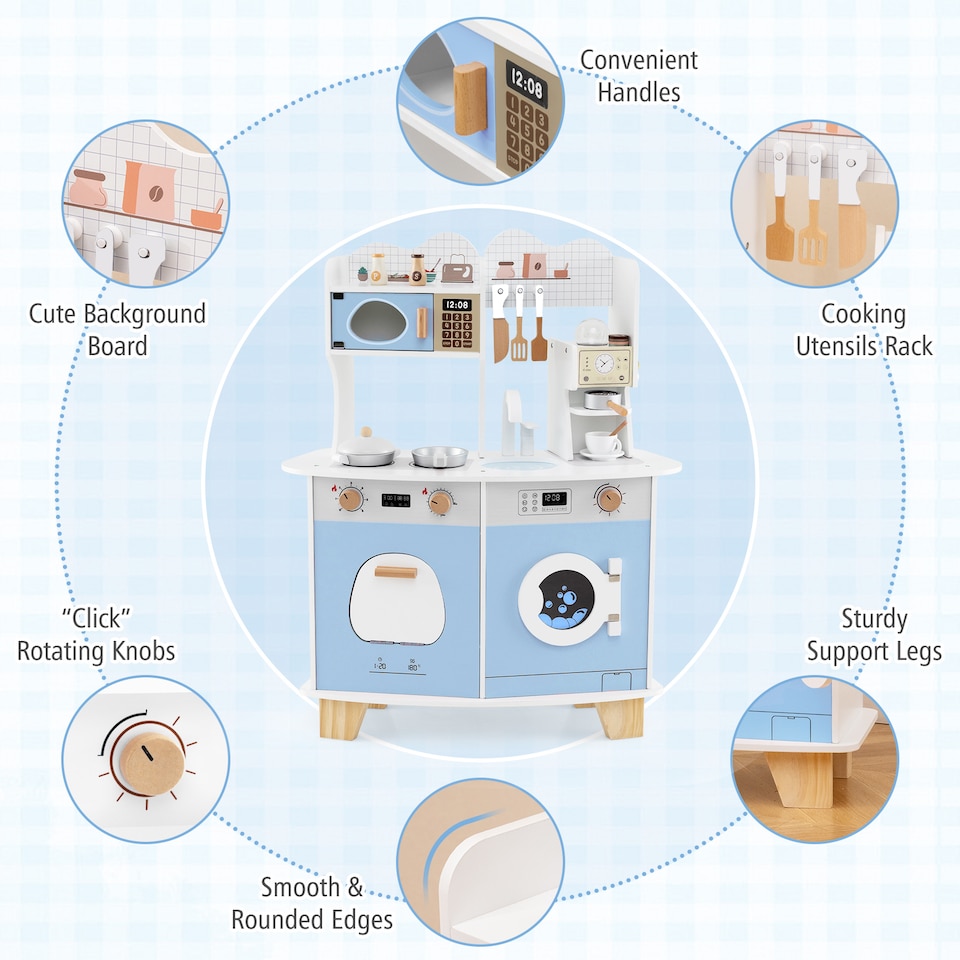 image 1 of COSTWAY Wooden Kids Kitchen Playset Pretend Play Kitchen With  Coffee Maker-Blue