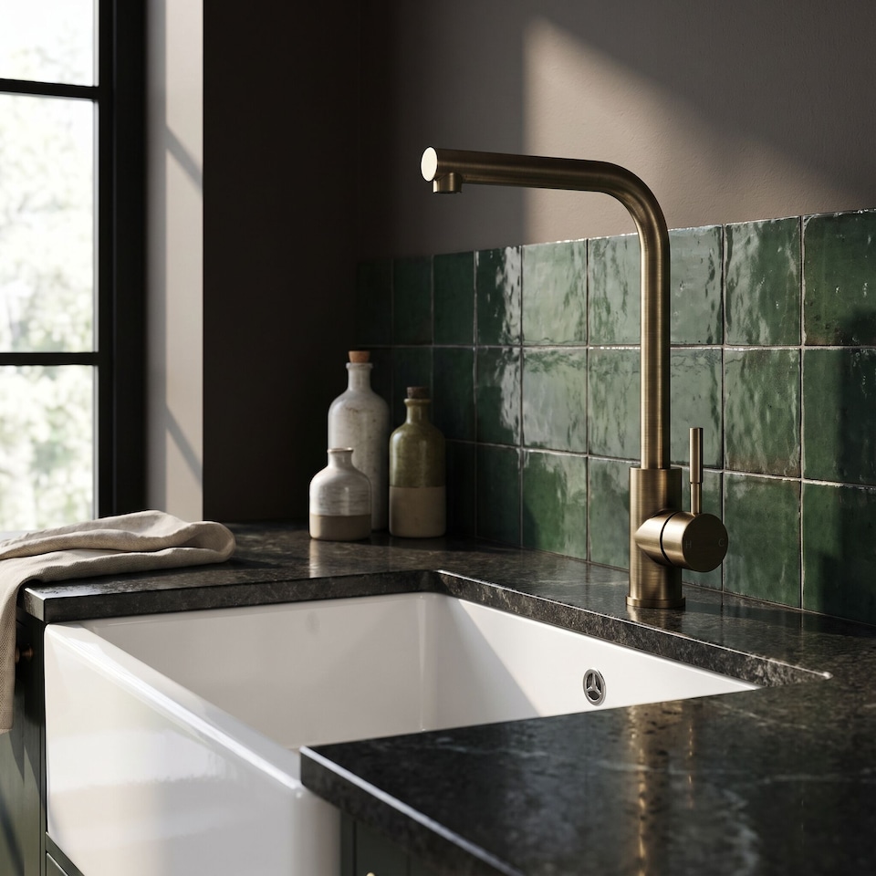 image 1 of Balterley Modern L-Neck Single Lever Kitchen Sink Mixer Tap - Top Fix Installation | Brown | Antique Brass | 1