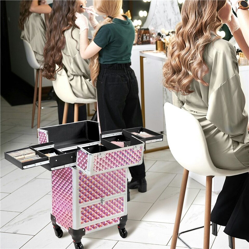 image 1 of Yaheetech Aluminum Makeup Train Case with Slide-Out Drawer Black Pink | Glitter Pink