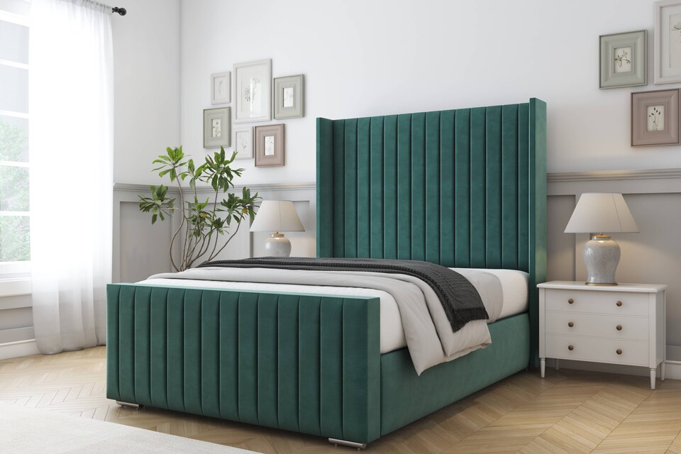 image 1 of Sloomy Marlborough Emerald Plush Bed Frame With Mattress With 50"  Upholstered Wingback Headboard 3' Single