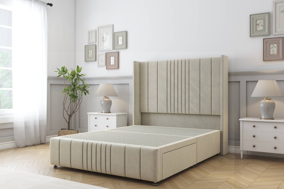 image 1 of Sloomy Hargrave Cream Plush Divan Bed Base No Drawers With 54 Inch Wingback Headboard & 12 Inch Matching Footboard | Cream | Cream | King | 1