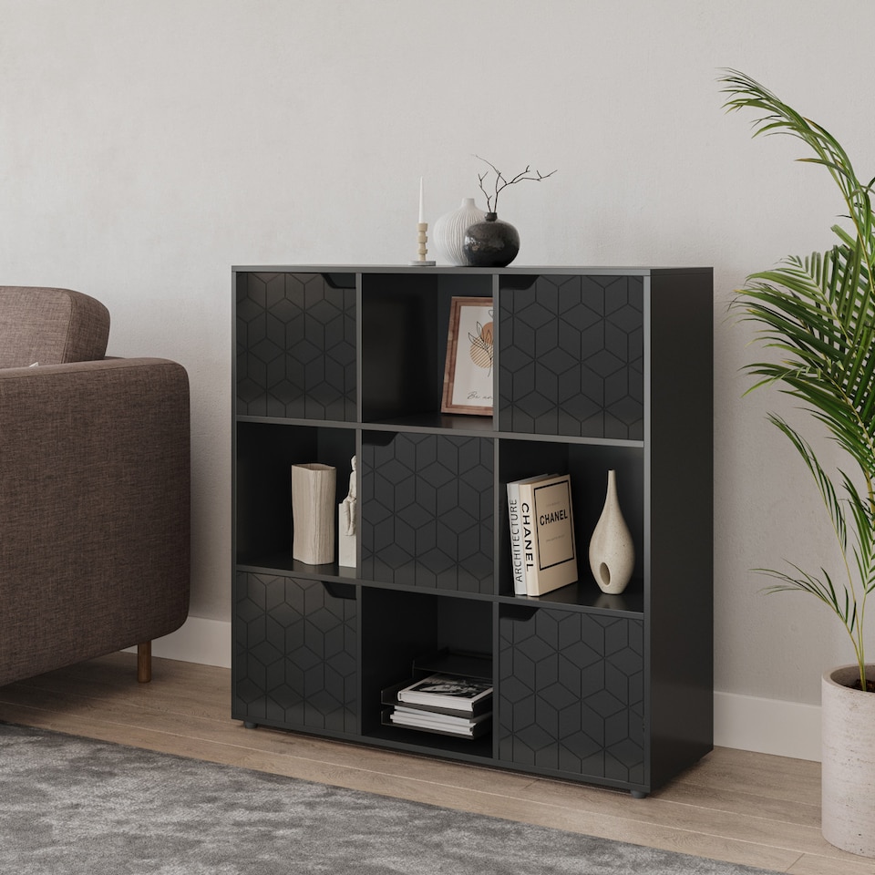 image 1 of 9-Cube Shelving Unit With Geo Doors - Square | Black | Black & Black | 1
