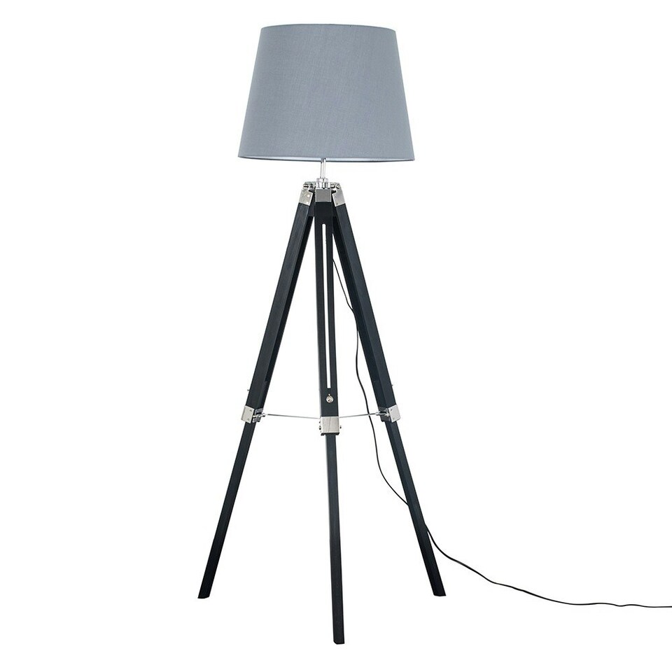 image 1 of ValueLights Clipper Black Tripod Floor Lamp Grey Taper Shade