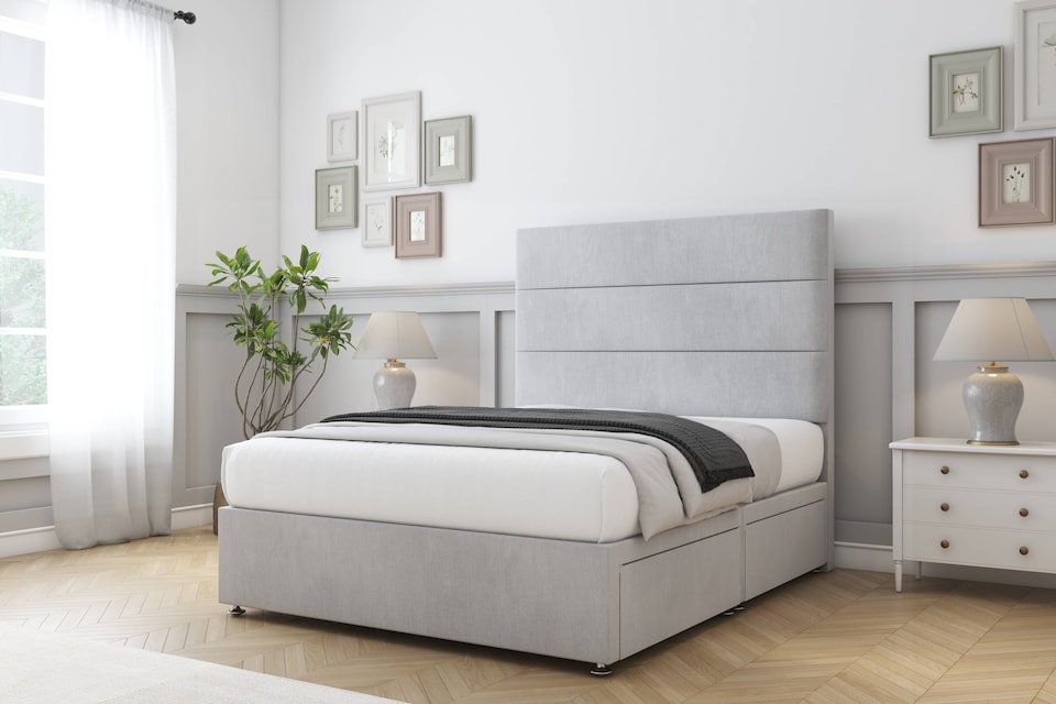 image 1 of Sloomy Texas Silver Naples Divan Bed Base No Drawers With 26 Inch Strutted Headboard | Silver | Silver | Double | 1