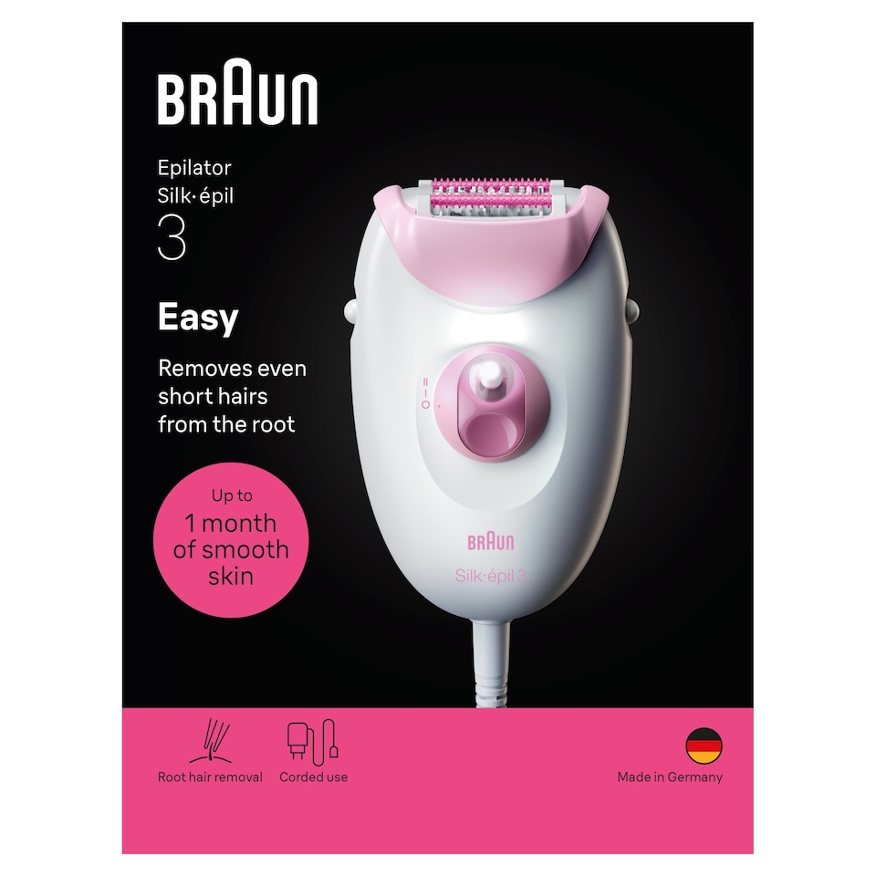 image 1 of Braun Silk·épil 3, Corded Epilator, Lasting Smooth Skin, 3-000, Pink