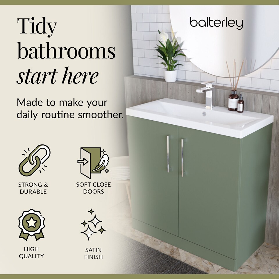 image 1 of Balterley Contemporary Bathroom Floor Standing 2 Soft-Close Door Vanity Unit & Mid-Edge Basin | Green | Satin Green
