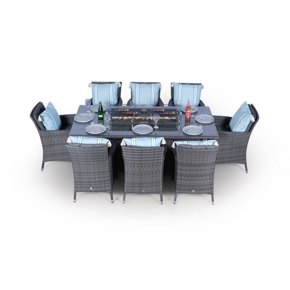 image 1 of Savannah Fire Pit 8 Seater Rectangle Rattan Dining Set | Grey | Grey