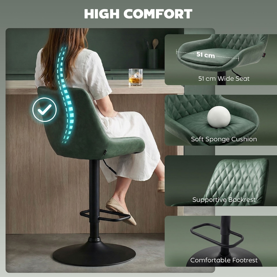 image 1 of HOMCOM PU Leather Padded Bar Stools Set of 2 with Metal Base, Dark Green