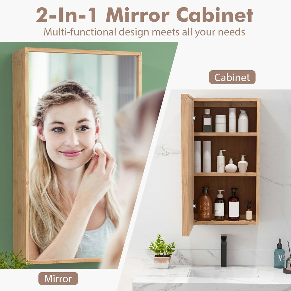 image 1 of COSTWAY Bathroom Medicine Cabinet Single Bamboo Storage Brown