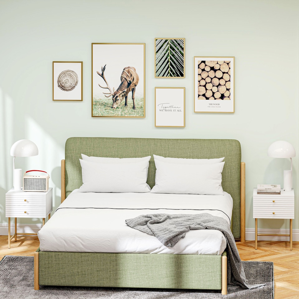 image 1 of HOMCOM Bedside Tables Set of 2, Bedside Cabinet with 2 Drawers, Gold Steel Legs, Modern Side Table with Striped Panel for Bedroom, Living Room, White