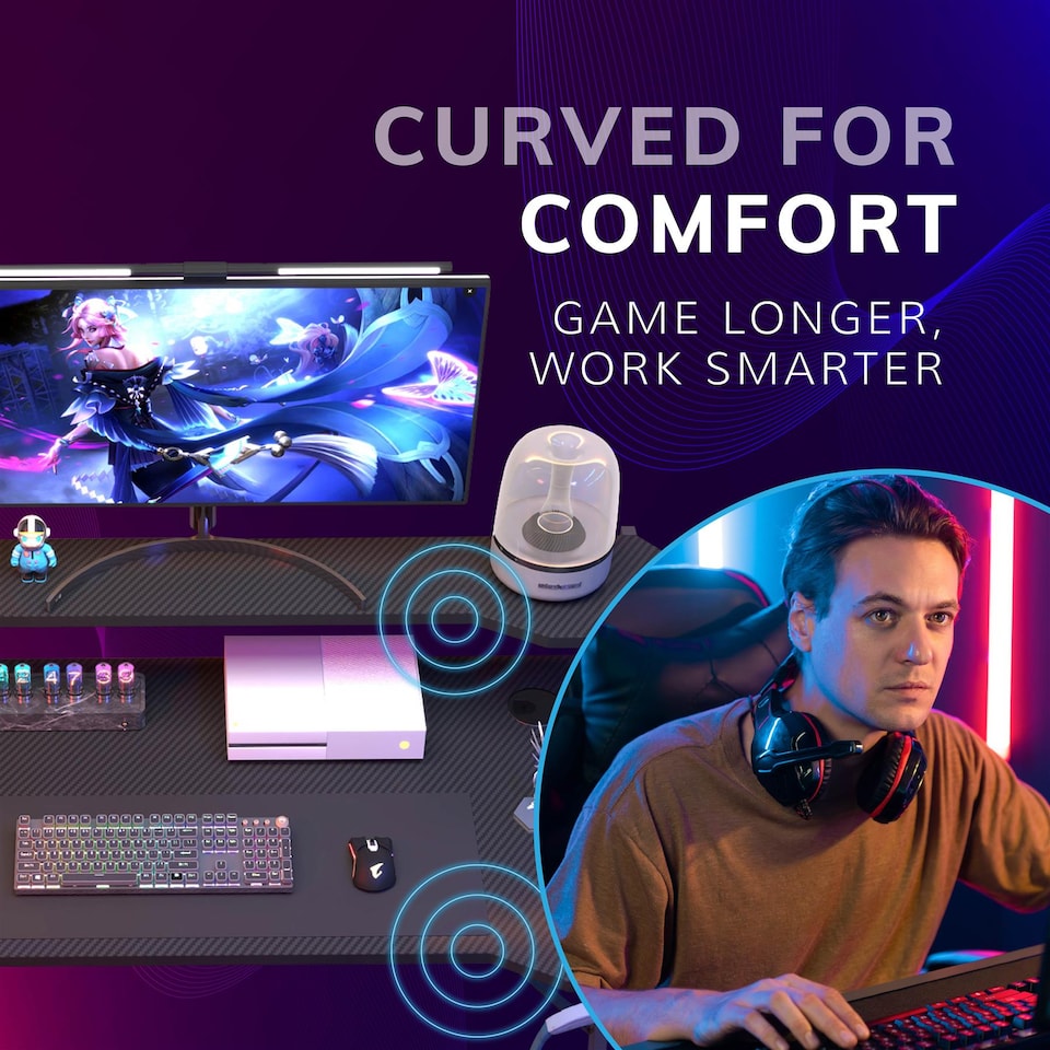 image 1 of House of Home Gaming Desk with Monitor Stand Carbon Fibre Top Black 118cm | Black | 1