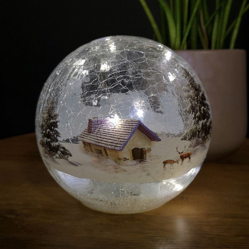 image 1 of 15cm Festive Christmas Crackle Effect Glass Lodge Scene LED Light Ball