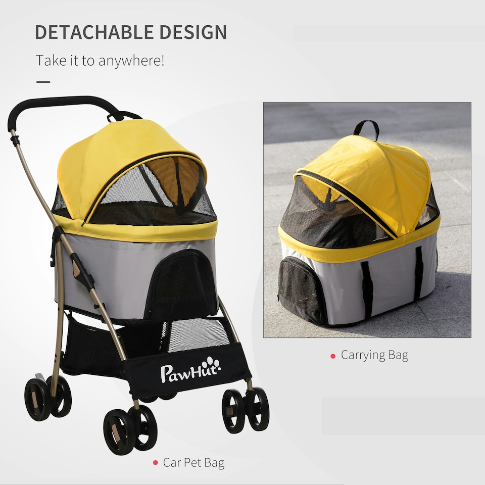 image 1 of PawHut 3 In 1 Pet Stroller, Detachable Dog Cat Travel Carriage - Yellow