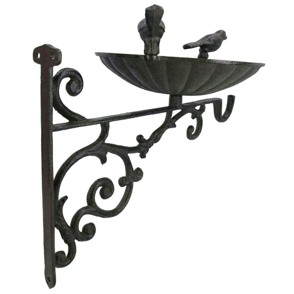 image 1 of Wall Mount Bird Bath Cast Iron Feeder Ornament Garden Feature Statue Fence