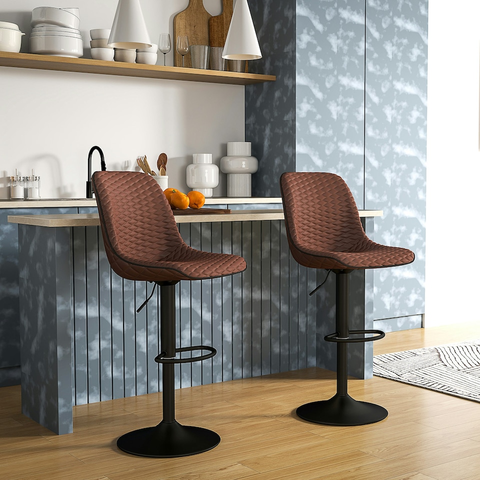 image 1 of HOMCOM Set of 2 Bar Stools, Adjustable Swivel Breakfast Barstools, Brown Brown