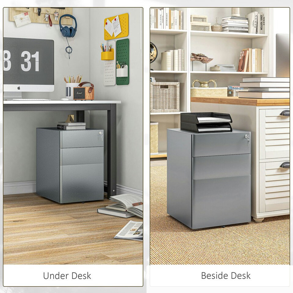 image 1 of Vinsetto 3 Drawer Metal Filing Cabinet Lockable 5 Wheels Compact Under Desk Grey