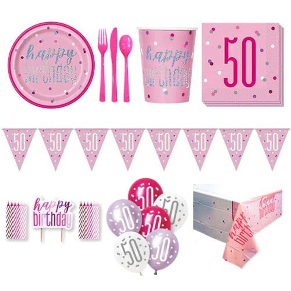 Pink Glitz 50th Birthday 8 Person Deluxe Party Pack