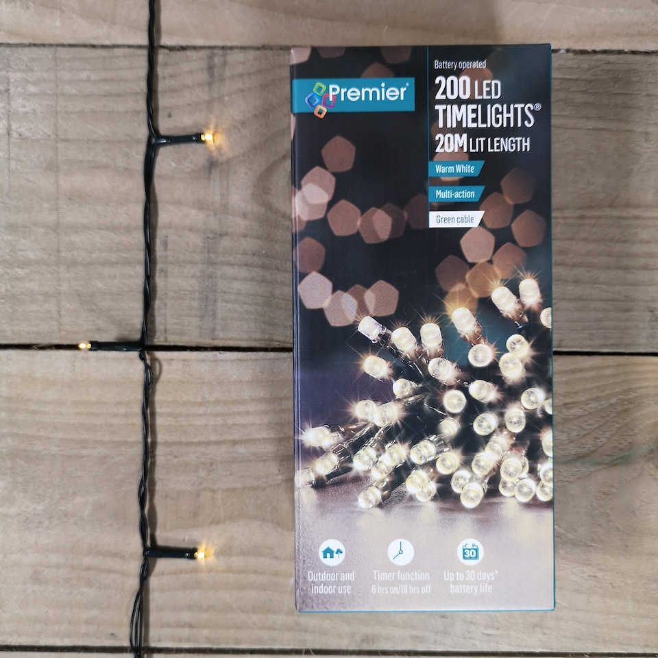 image 1 of 200 LED 20m Premier Christmas Indoor Outdoor Multi Function Battery Operated String Lights with Timer in Warm White