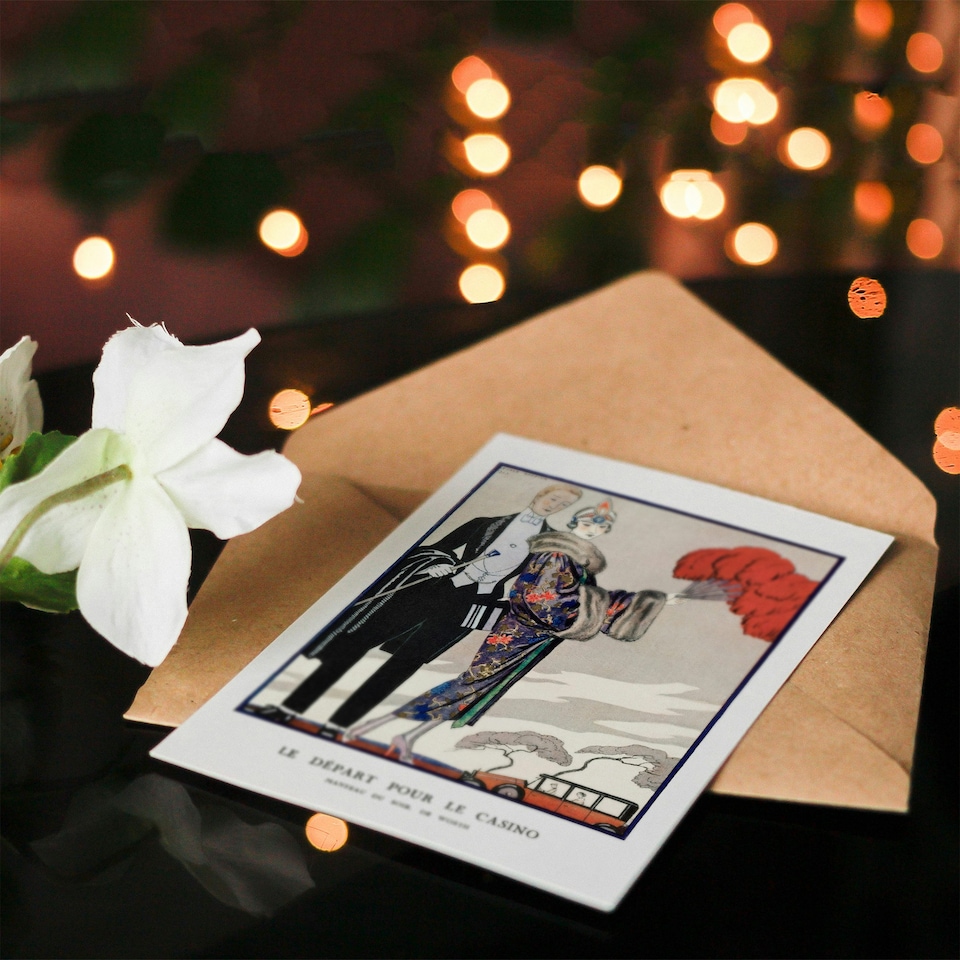 image 1 of George Barbier Art Card Leaving for the Casino Vintage Fashion