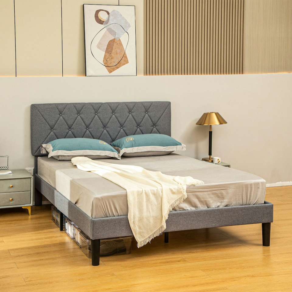 image 1 of HOMCOM Double Bed Frame with 5-Level Adjustable Linen Headboard