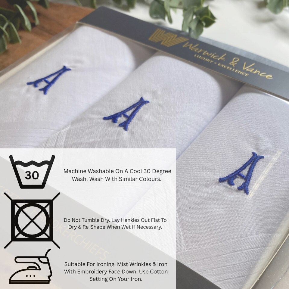 image 1 of Warwick & Vance Men's 3 Pack Plain White Handkerchiefs With Embroidered Initial, Letter G