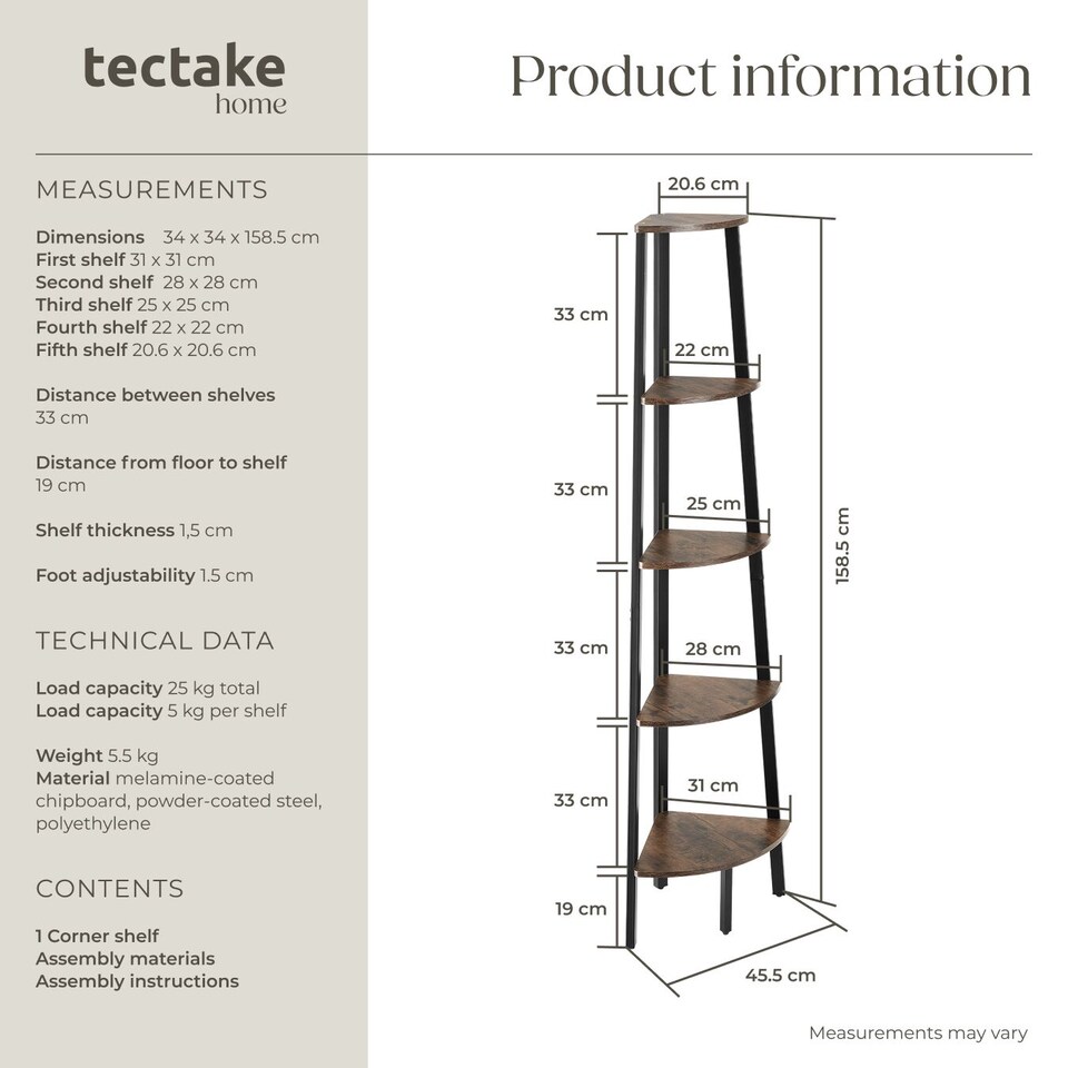 image 1 of Corner Shelf Portland - 5 tiers | Brown | Industrial wood dark, rustic | 34 x 34 x 158,50 cm | 1